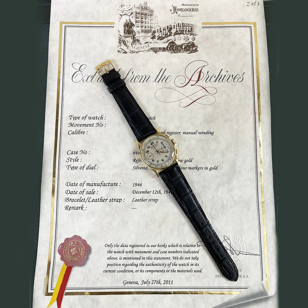 1946 Mint Rare Patek Philippe 18k Yellow Gold Tiffany Dial 130 Breguet Numarals Vintage Chronograph 33mm watch with Archive Paper