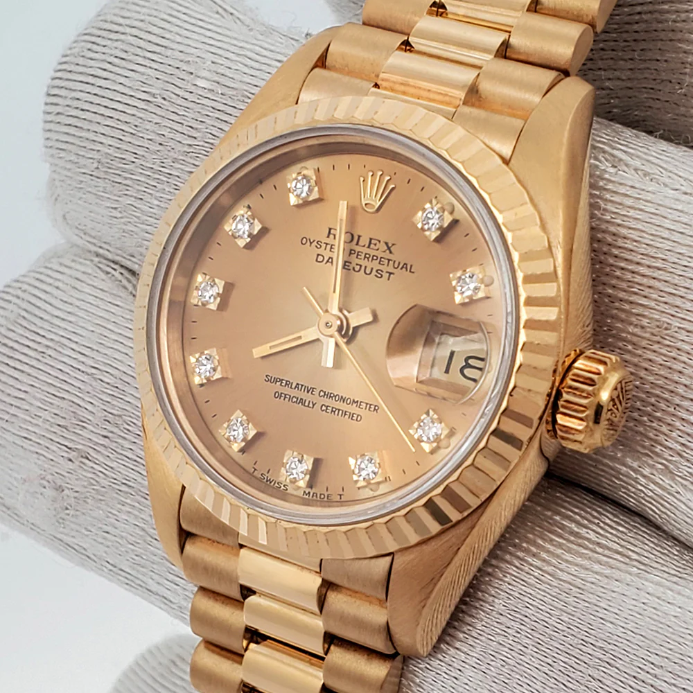 1990 Rolex Datejust President 26mm Factory Champagne Diamond Dial Yellow Gold Watch 69178 Box Papers
