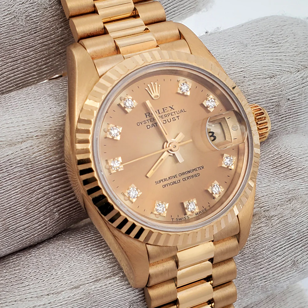 1990 Rolex Datejust President 26mm Factory Champagne Diamond Dial Yellow Gold Watch 69178 Box Papers - Image 2