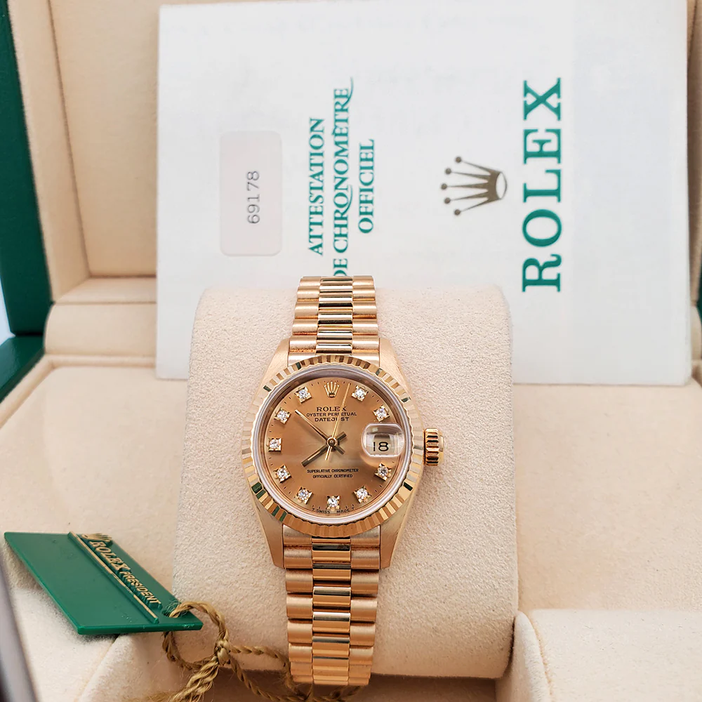 1990 Rolex Datejust President 26mm Factory Champagne Diamond Dial Yellow Gold Watch 69178 Box Papers - Image 3