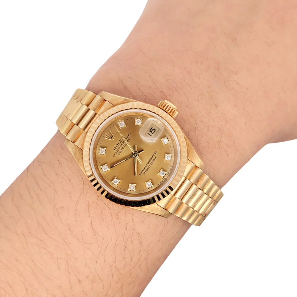 1994 Rolex Datejust President Ladies 26mm Factory Champagne Diamond Dial Yellow Gold Watch 69178 Box Papers - Image 3