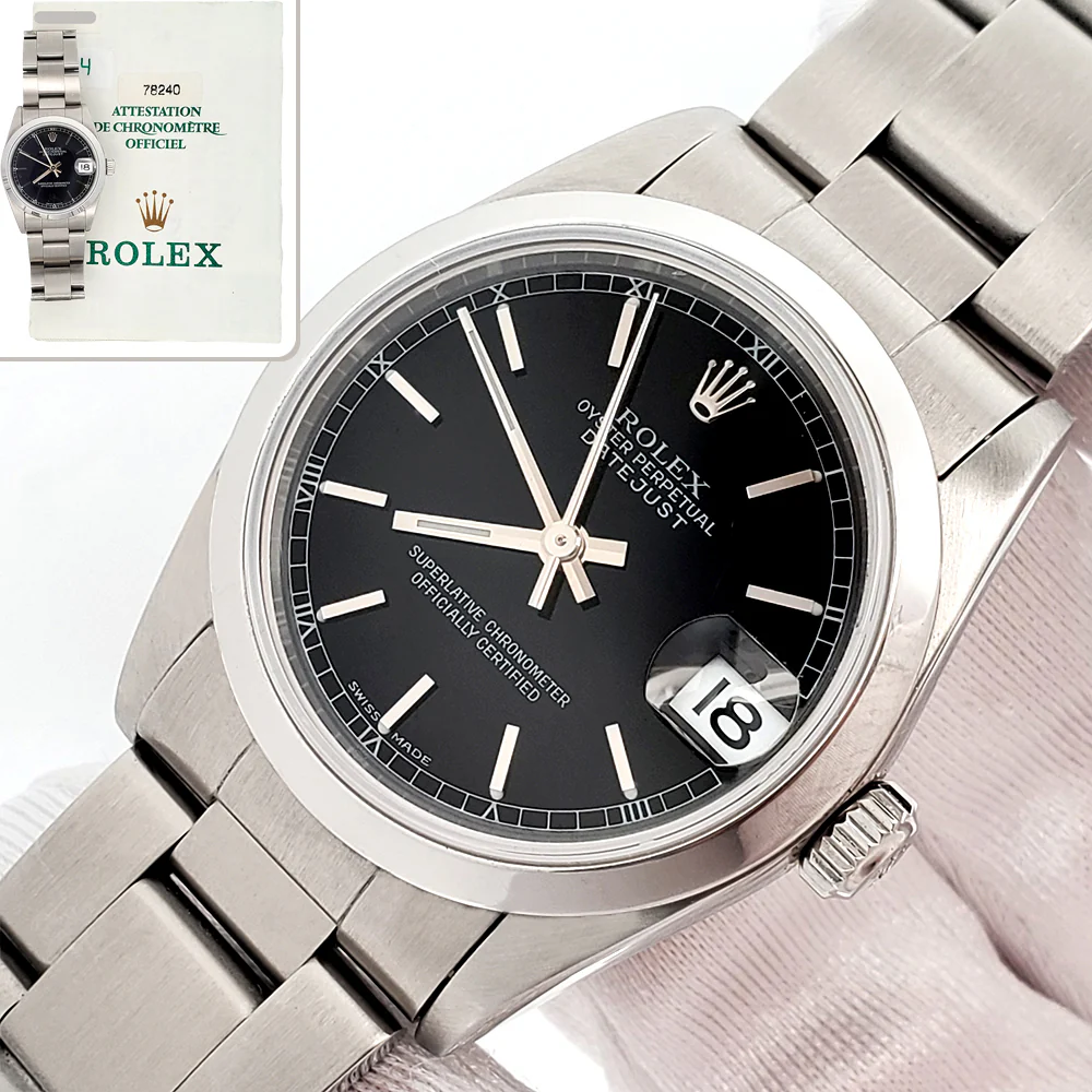 2003 Rolex Datejust 31mm Black Index Steel Oyster Watch 78240 Papers