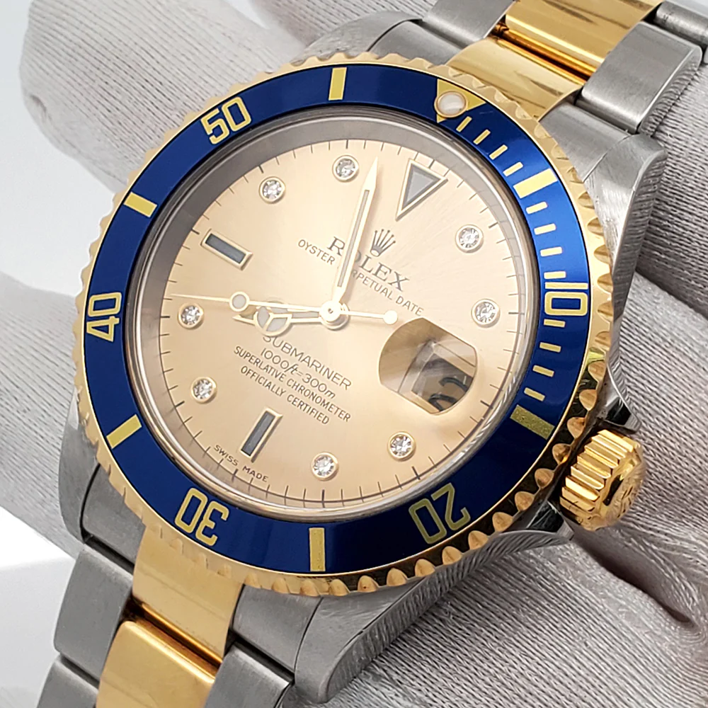 2004 Rolex Submariner Date Factory Diamond Serti Dial Blue Insert Bezel 2-Tone Yellow Gold/Steel Oyster Watch 16613 Box Papers - Image 2