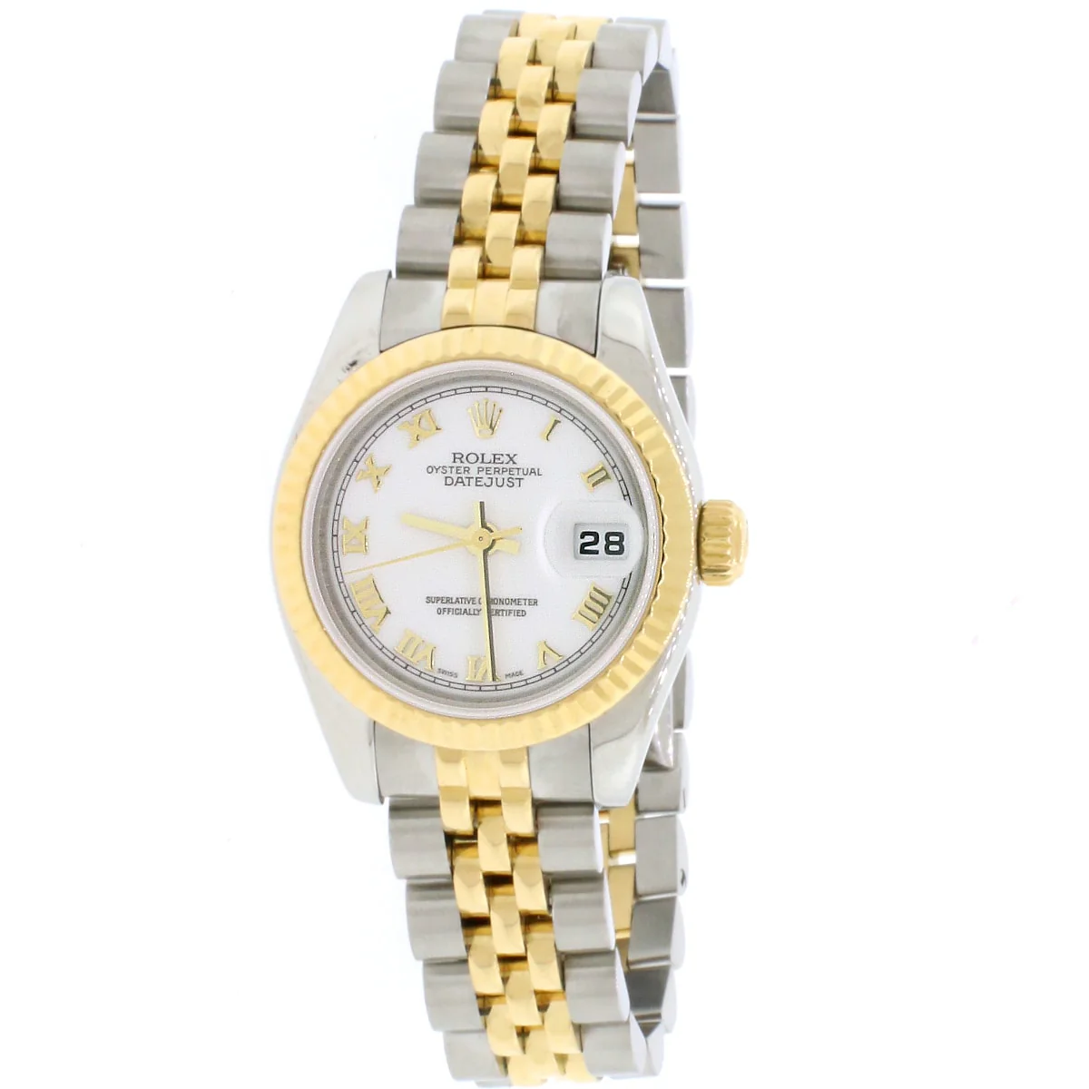2005 Rolex Datejust Ladies 2-Tone 18K Yellow Gold/Steel 26MM Factory White Roman Dial Jubilee Watch 179173 Box Papers
