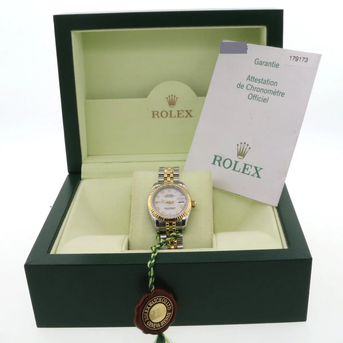 2005 Rolex Datejust Ladies 2-Tone 18K Yellow Gold/Steel 26MM Factory White Roman Dial Jubilee Watch 179173 Box Papers - Image 2