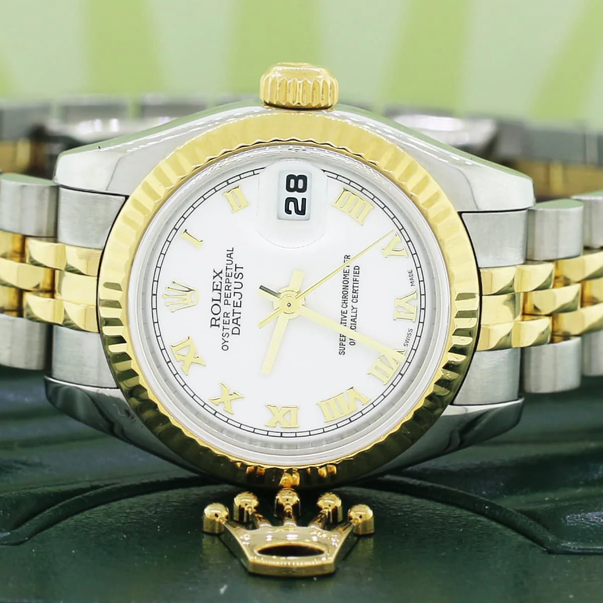 2005 Rolex Datejust Ladies 2-Tone 18K Yellow Gold/Steel 26MM Factory White Roman Dial Jubilee Watch 179173 Box Papers - Image 3