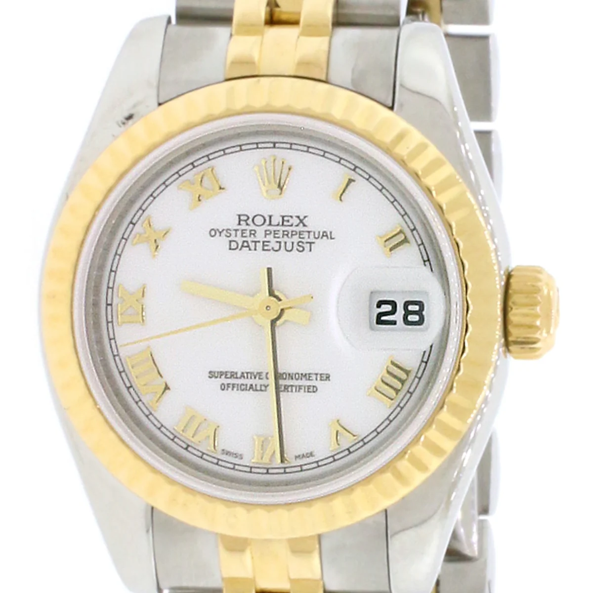 2005 Rolex Datejust Ladies 2-Tone 18K Yellow Gold/Steel 26MM Factory White Roman Dial Jubilee Watch 179173 Box Papers - Image 4