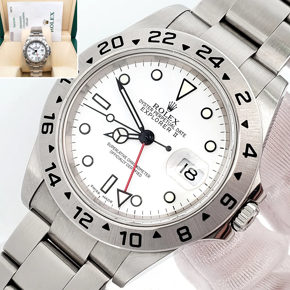 2005 Unpolished Rolex Explorer II Polar White Steel Oyster 40mm Watch 16570 Box Papers