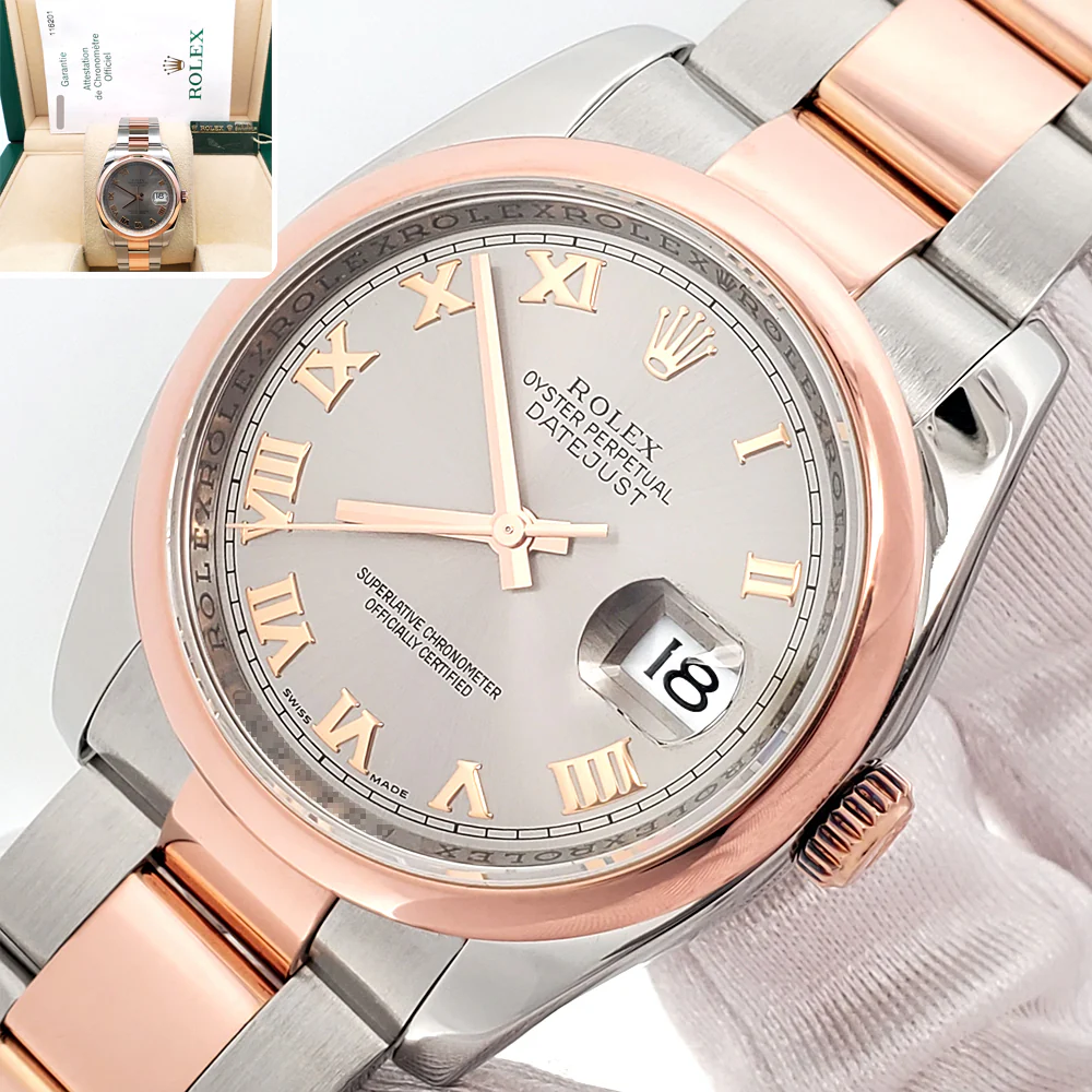 2007 Rolex Datejust 36mm Slate Roman Dial 2-tone Rose Gold/Steel Oyster Watch 116201 Box/Papers/Tag