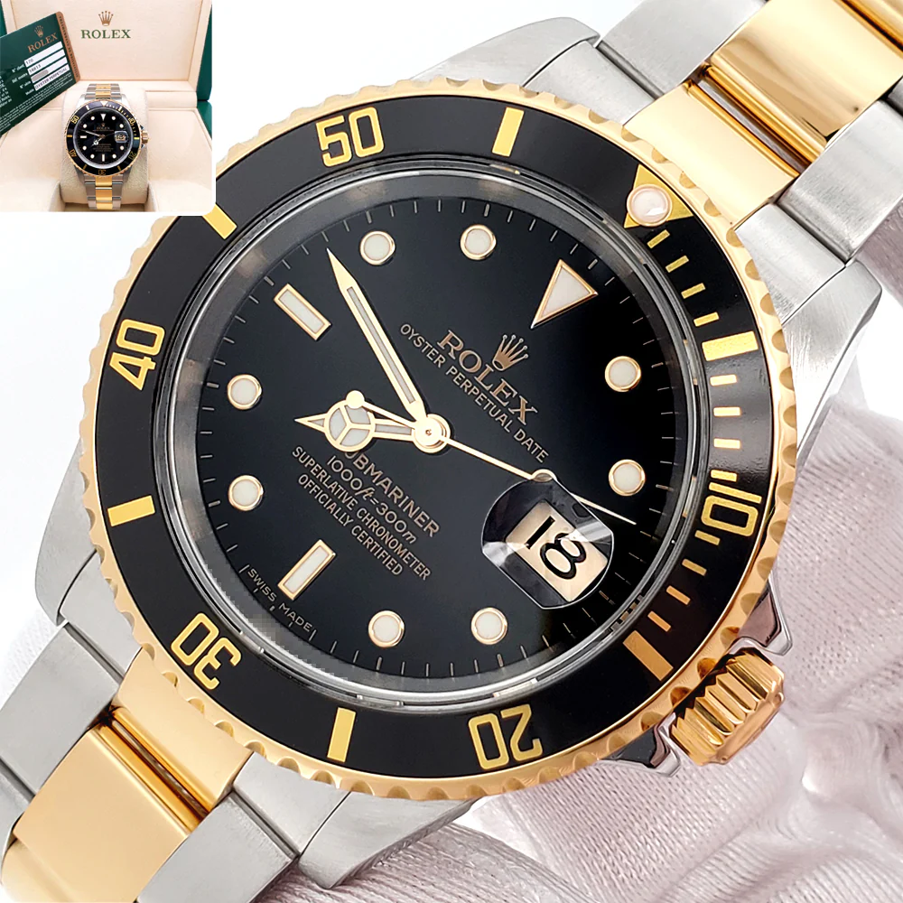 2008 Rolex Submariner Date 16613 Yellow Gold/Steel Black Dial 40mm Watch Box Papers