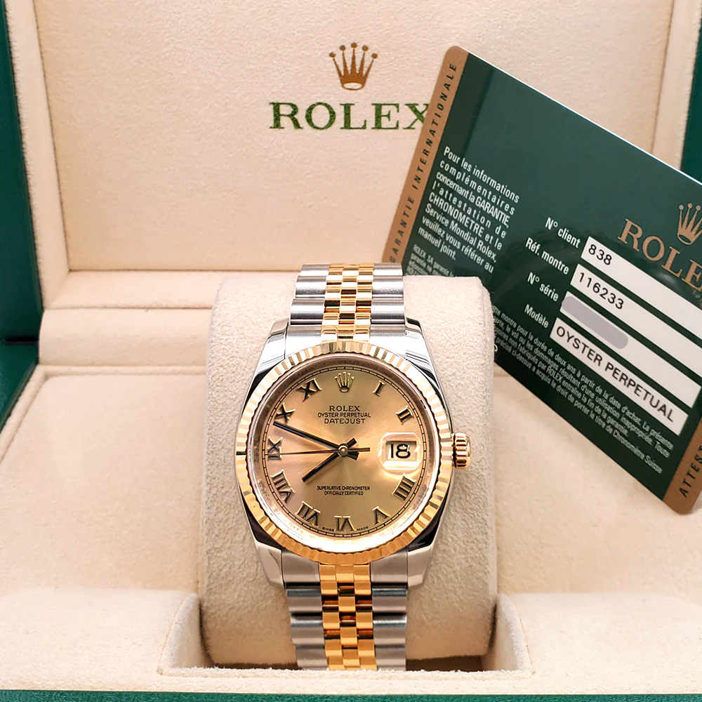 2009 Rolex Datejust 2-Tone Champagne Roman Dial Jubilee 36mm 116233 Watch Box Papers - Image 3