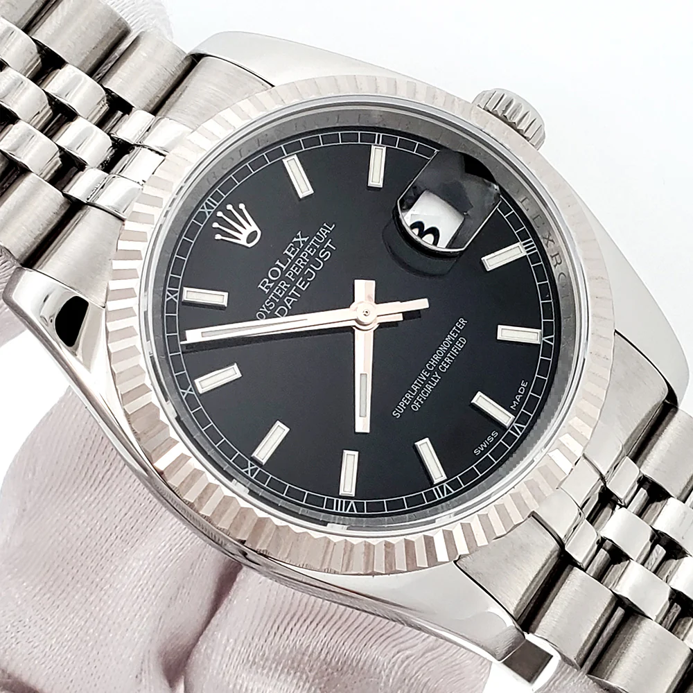 2009 Rolex Datejust Black Index Dial White Gold Fluted Bezel Steel Jubilee 36mm Watch 116234 Box/Papers/Tag - Image 2