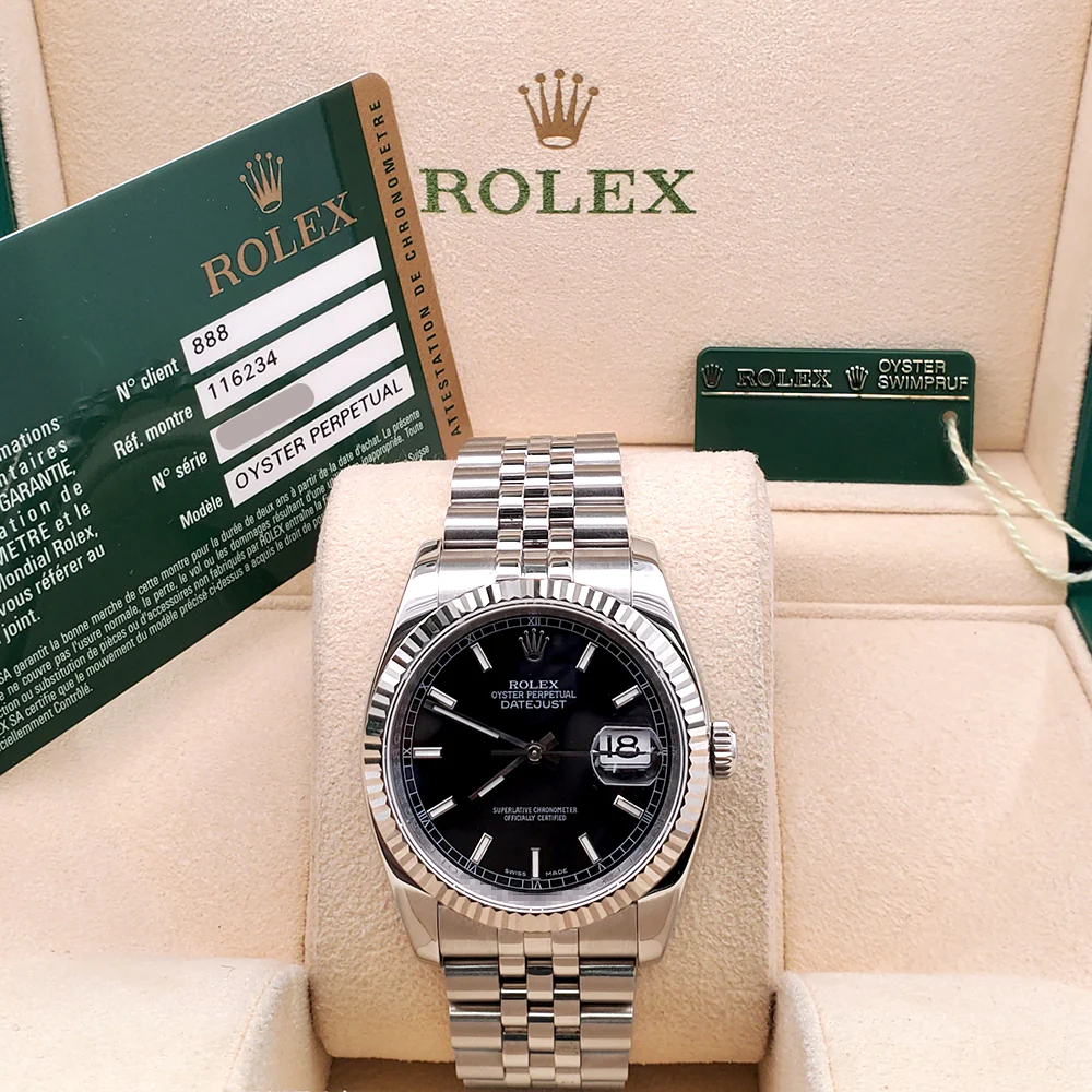 2009 Rolex Datejust Black Index Dial White Gold Fluted Bezel Steel Jubilee 36mm Watch 116234 Box/Papers/Tag - Image 3