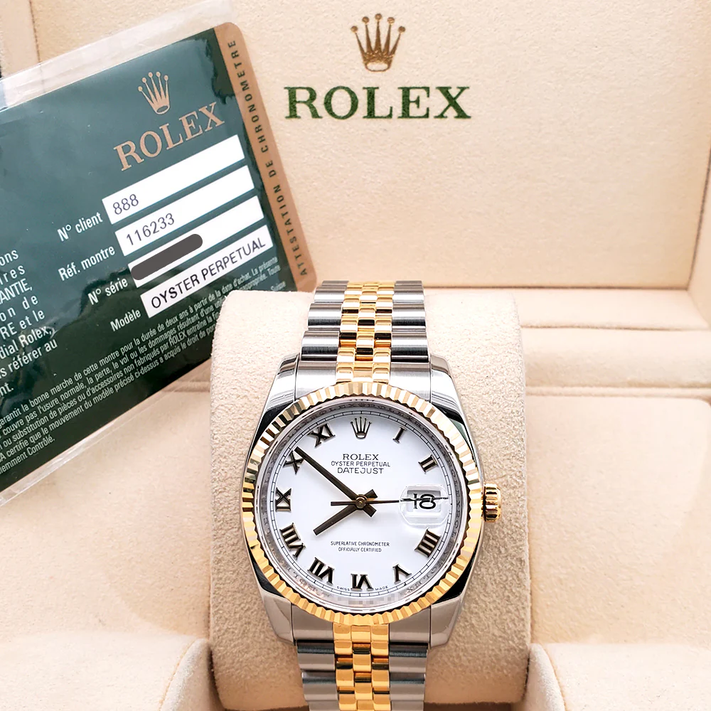 2009 Rolex Datejust White Roman Dial 2-Tone Yellow Gold/Steel Jubilee 36mm 116233 Watch Box Papers - Image 3