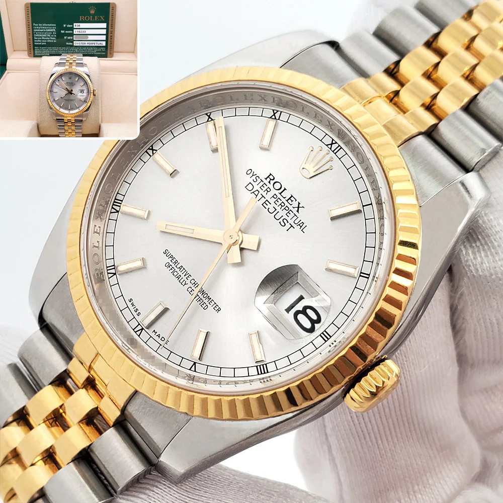 2010 Rolex Datejust 36mm Silver Index 2-Tone Yellow Gold/Steel Jubilee Watch 116233 Box Papers