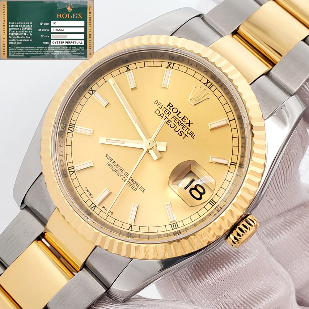 2012 Rolex Datejust 36mm 2-Tone Yellow Gold/Steel Champagne Dial Oyster Watch 116233 Papers