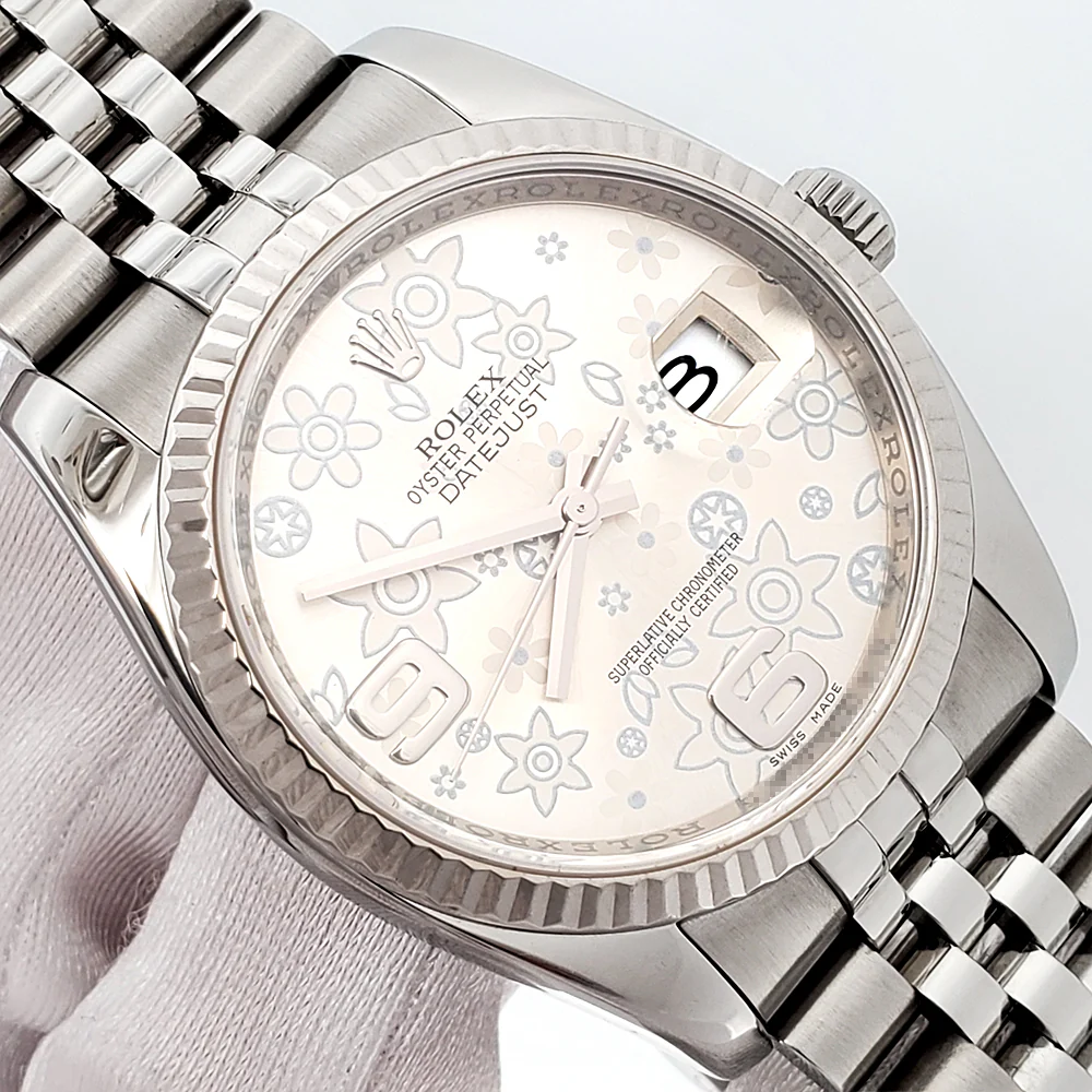 2012 Rolex Datejust 36mm Silver Floral Motif White Gold Fluted Bezel Steel Jubilee Watch 116234 Box Papers - Image 2