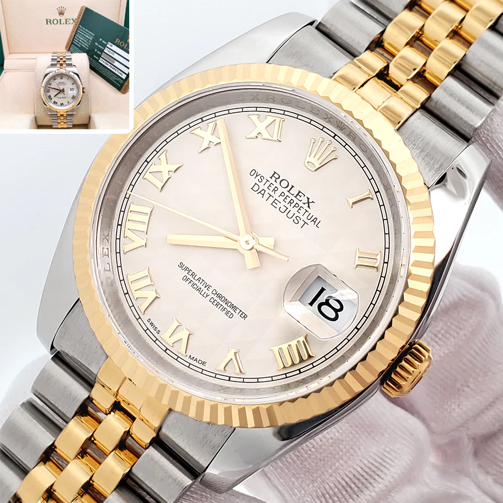 2013 Rolex Datejust Cream Pyramid Roman 2-Tone Yellow Gold/Steel Jubilee 36mm Watch 116233 Box Papers