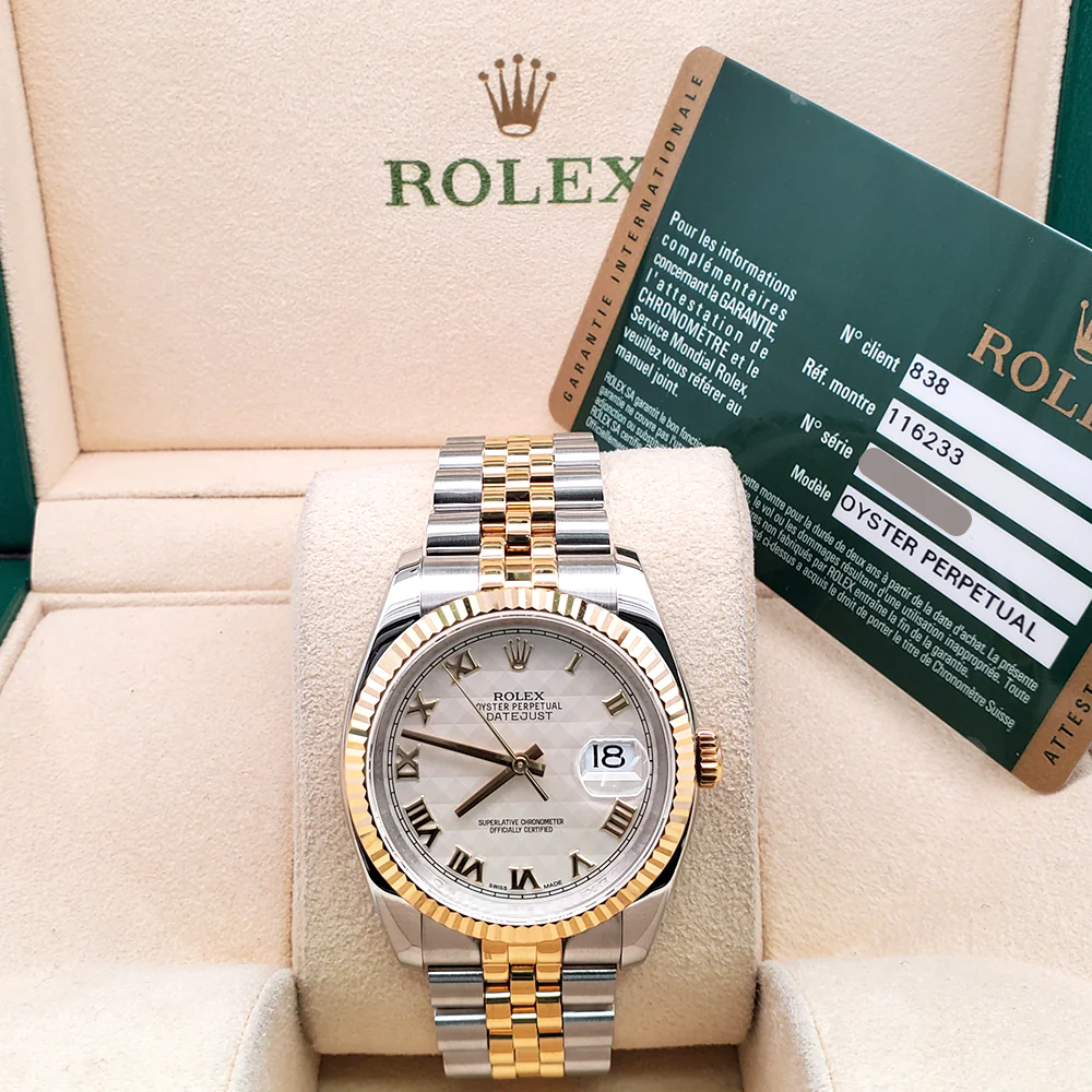 2013 Rolex Datejust Cream Pyramid Roman 2-Tone Yellow Gold/Steel Jubilee 36mm Watch 116233 Box Papers - Image 3