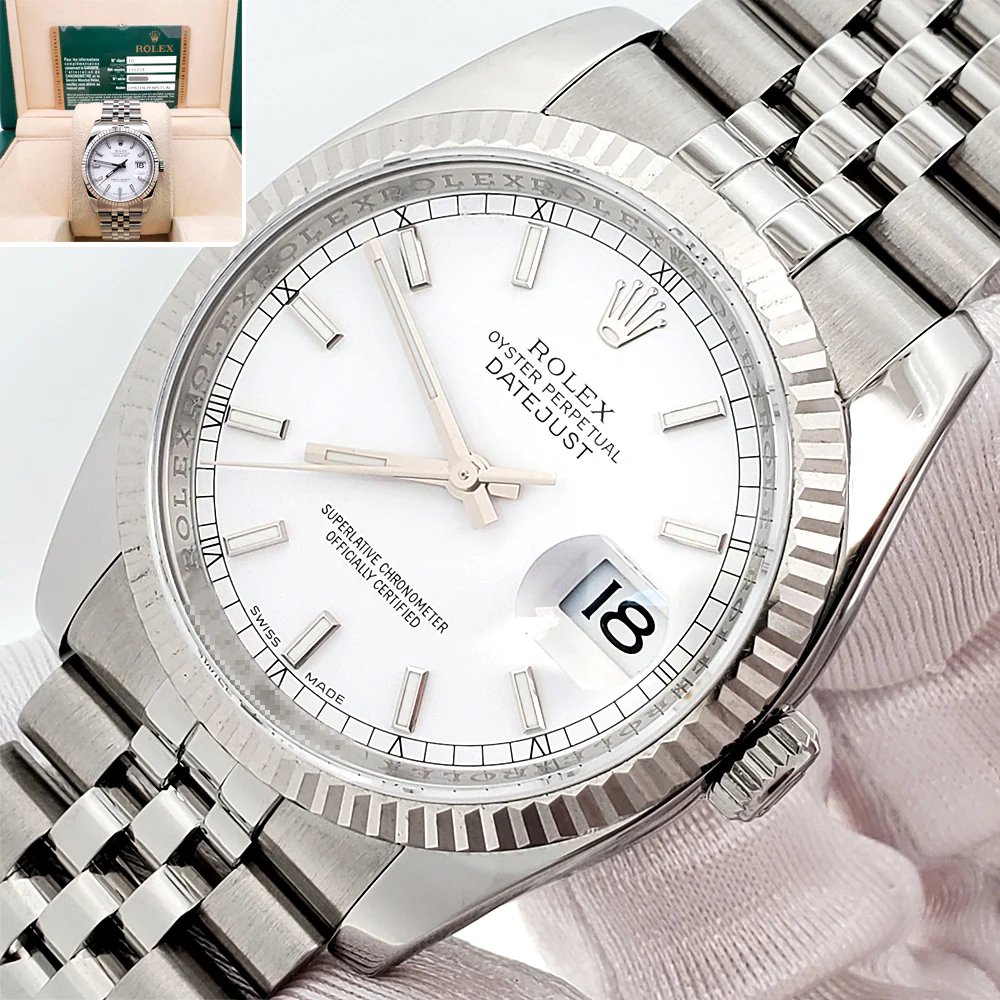 2013 Rolex Datejust White Index White Gold Fluted Bezel Steel Jubilee 36mm Watch 116234 Box Papers
