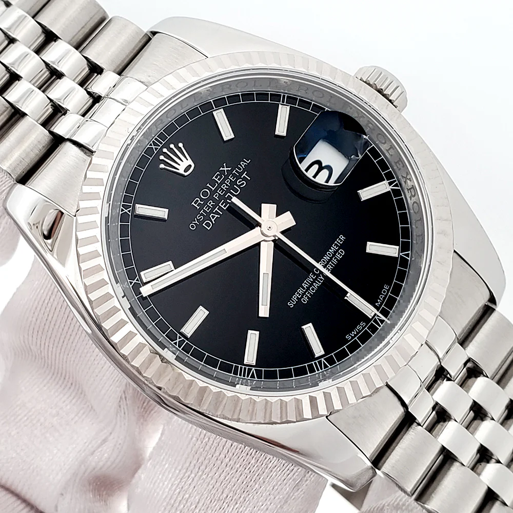 2011 Rolex Datejust Black Index Dial White Gold Fluted Bezel Steel Jubilee 36mm Watch 116234 Box Papers - Image 2