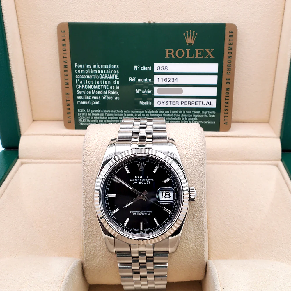 2011 Rolex Datejust Black Index Dial White Gold Fluted Bezel Steel Jubilee 36mm Watch 116234 Box Papers - Image 3