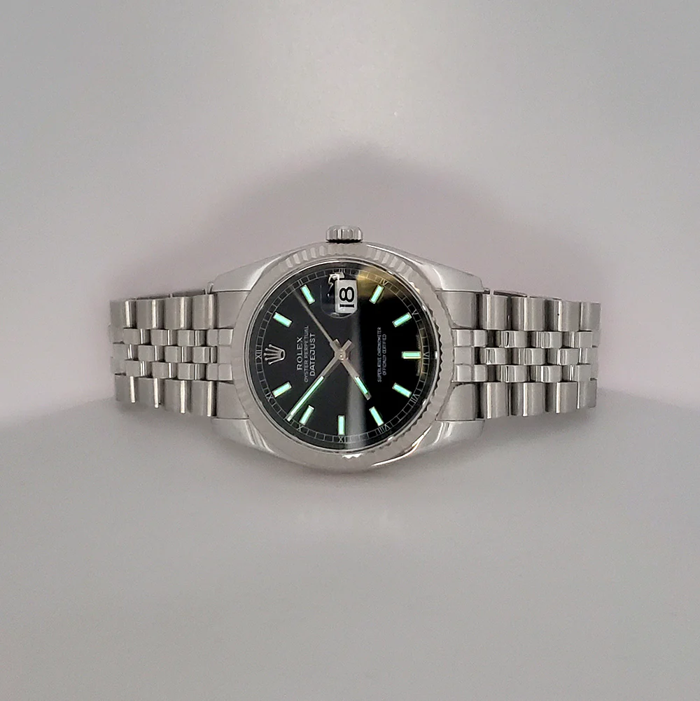 2011 Rolex Datejust Black Index Dial White Gold Fluted Bezel Steel Jubilee 36mm Watch 116234 Box Papers - Image 7
