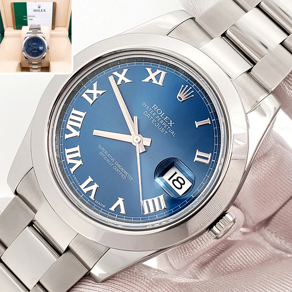 2014 Rolex Datejust II 116300 Blue Roman Dial Steel Oyster 41mm Watch Box Papers