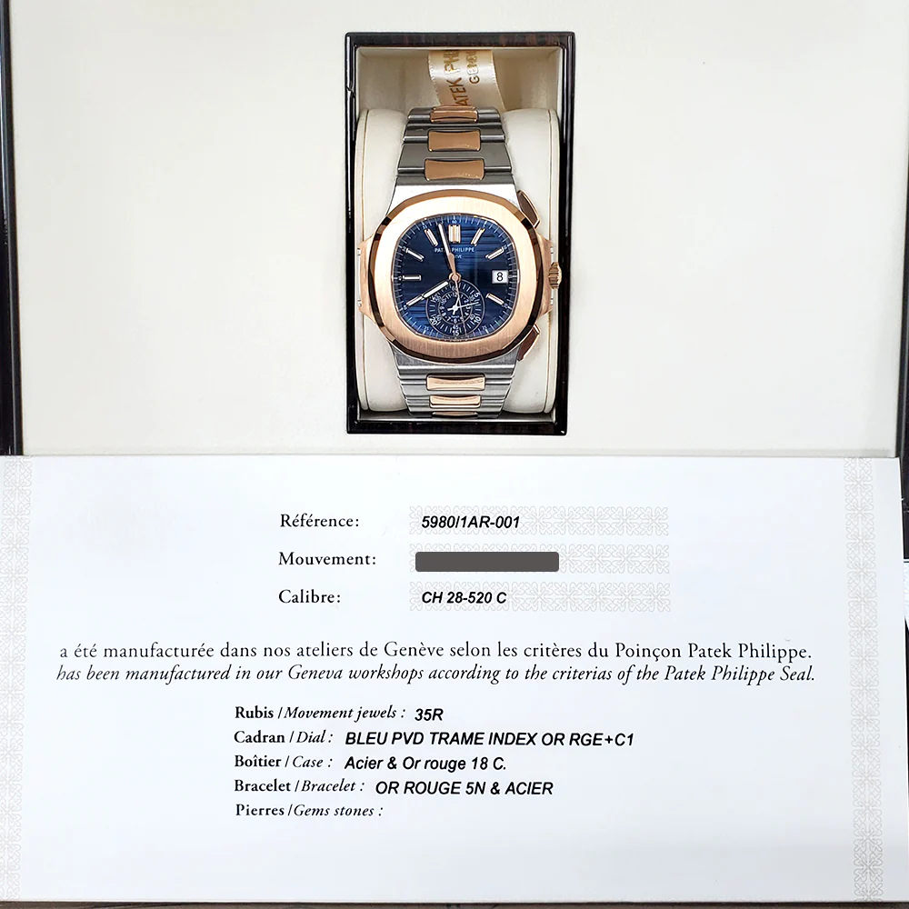 2016 Patek Philippe Nautilus Chronograph 5980/1AR-001 Blue Dial 2-Tone Rose Gold/Steel Watch Box Papers - Image 4