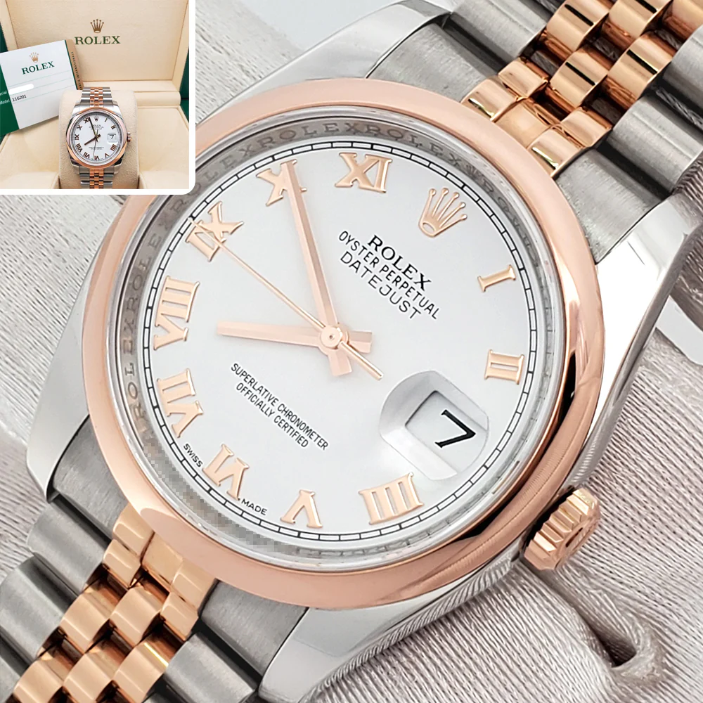 2016 Rolex Datejust 36mm White Roman 2-tone Rose Gold/Steel Jubilee Watch 116201 Box Papers