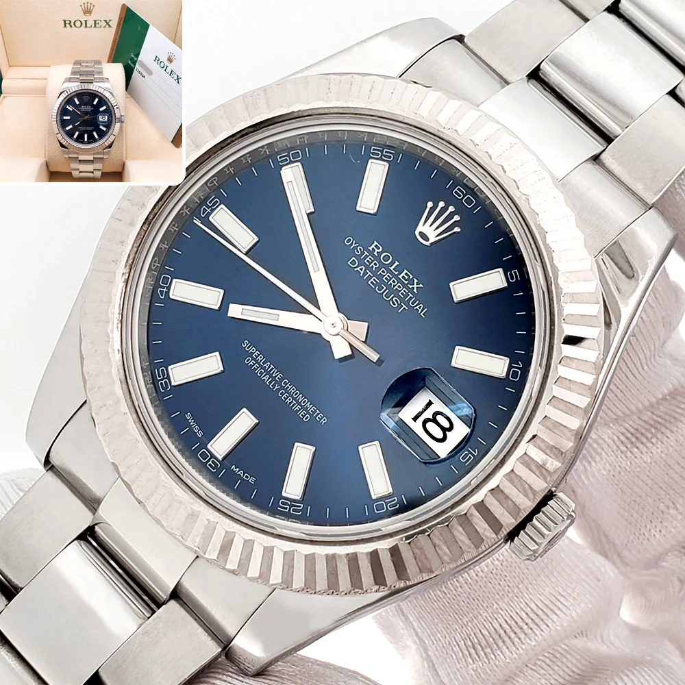 2016 Rolex Datejust II 116334 Blue Index Dial White Gold Fluted Bezel Steel 41mm Watch Box Papers