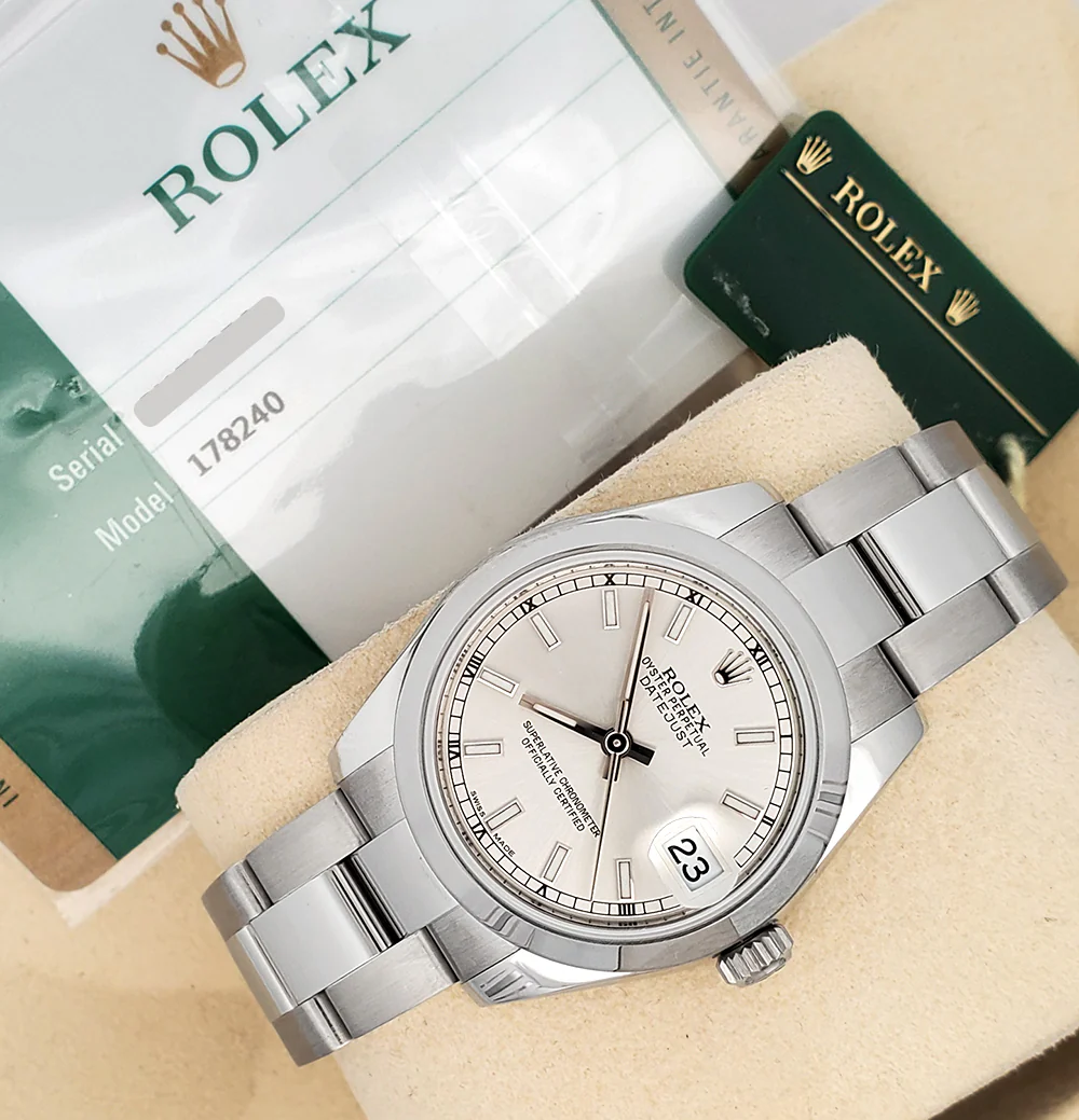 2017 Rolex Datejust 31mm Silver Index Domed Bezel Steel Watch 178240 Box Papers