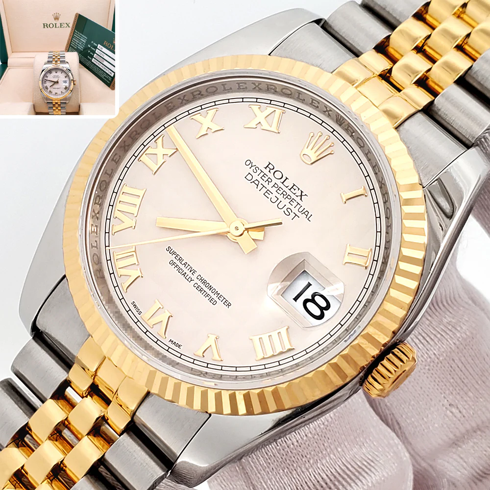 2017 Rolex Datejust Cream Pyramid Roman 2-Tone Yellow Gold/Steel Jubilee 36mm Watch 116233 Box Papers