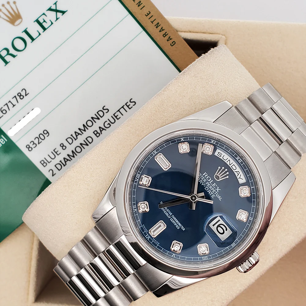 2019 Rolex President Day-Date Blue Baguettes Diamond Dial White Gold Watch 118209 Box Papers - Image 3