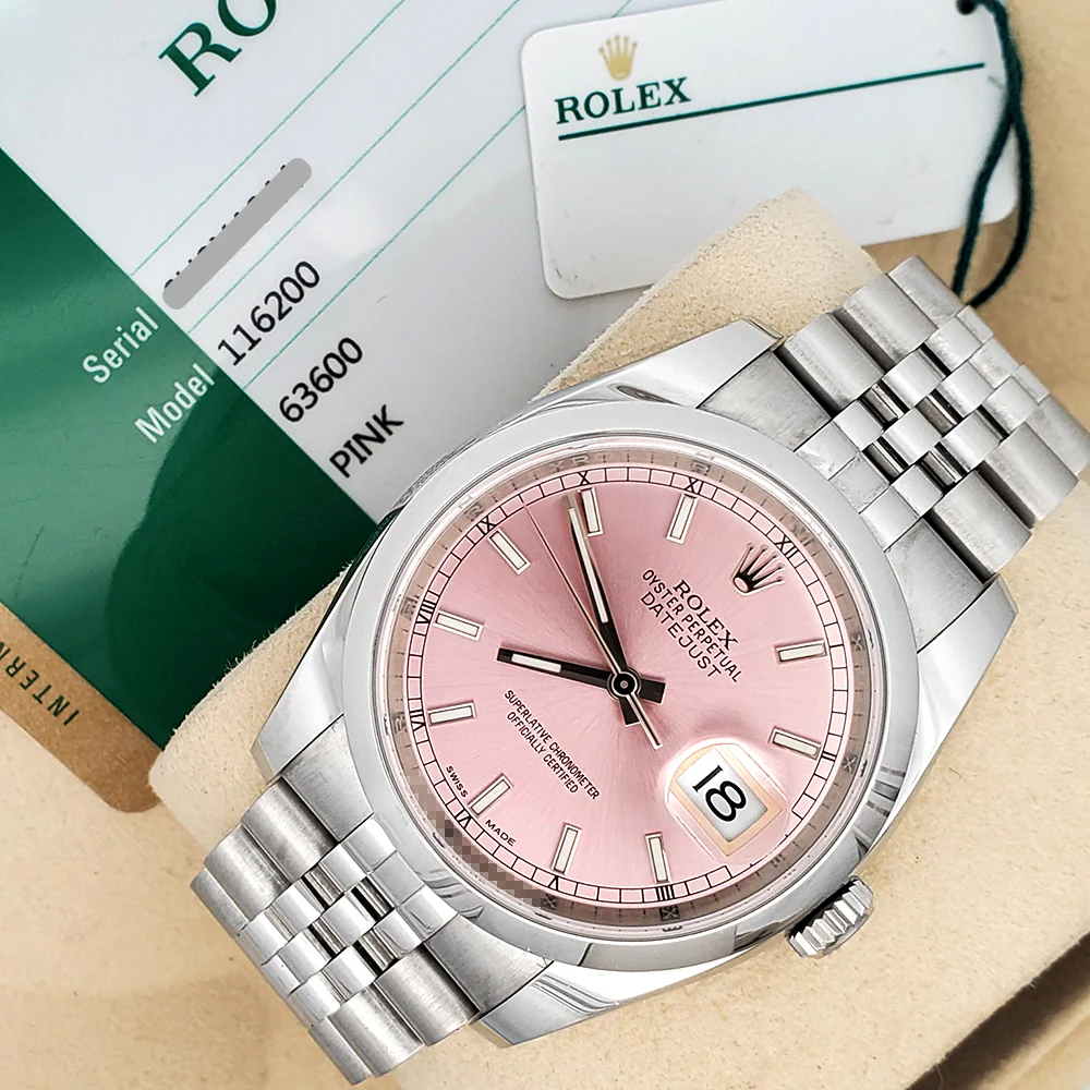 2020 Rolex Datejust 36mm Pink Index Steel Jubilee Watch 116200 Box Papers