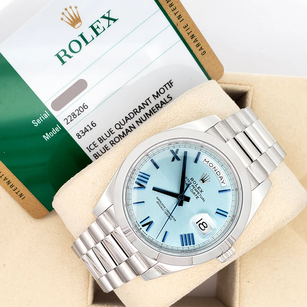 2020 Rolex President Day-Date Ice Blue Quadrant Motif Roman Dial Platinum 40mm Watch 228206 Box Papers - Image 5