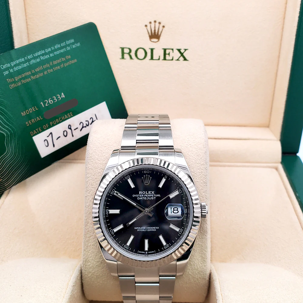 2021 Rolex Datejust 41 Black Index Dial White Gold Fluted Bezel Steel Oyster Watch 126334 Box Papers - Image 3