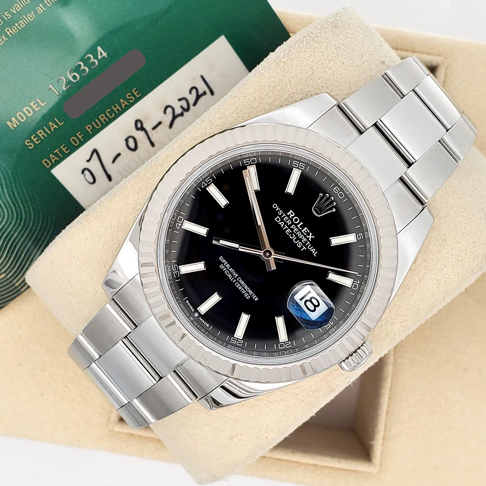 2021 Rolex Datejust 41 Black Index Dial White Gold Fluted Bezel Steel Oyster Watch 126334 Box Papers - Image 4