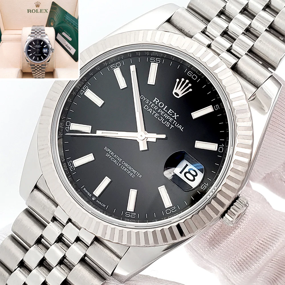 2021 Rolex Datejust 41 Black Index White Gold Fluted Bezel Steel Jubilee Watch 126334 Box Papers