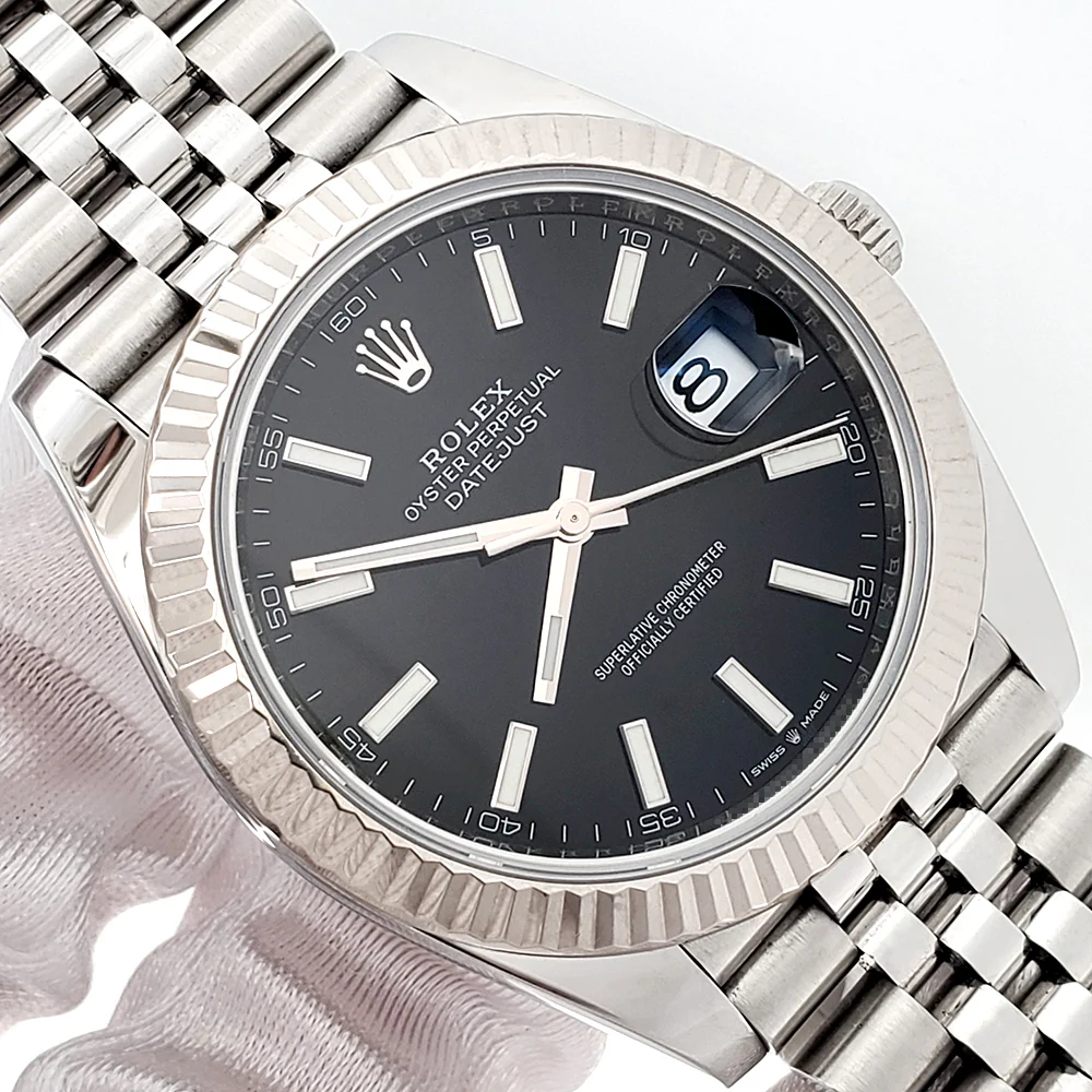 2021 Rolex Datejust 41 Black Index White Gold Fluted Bezel Steel Jubilee Watch 126334 Box Papers - Image 2