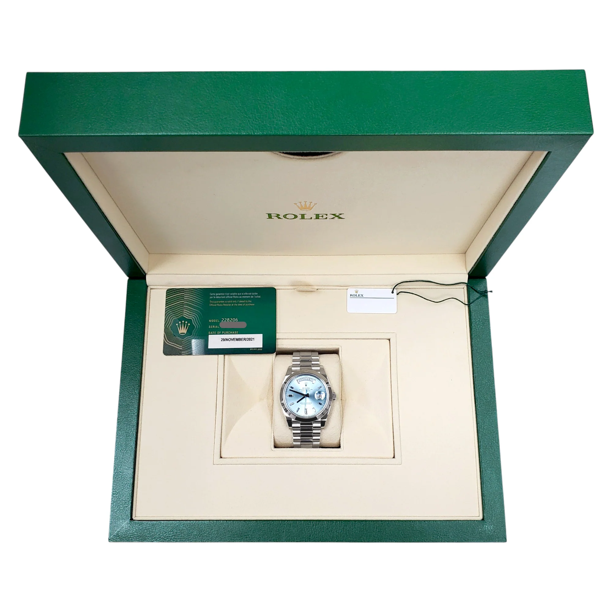 2021 Rolex President Platinum Day-Date 228206 40mm Ice Blue Baguette Diamond Dial Watch Box/Papers/Tag - Image 3
