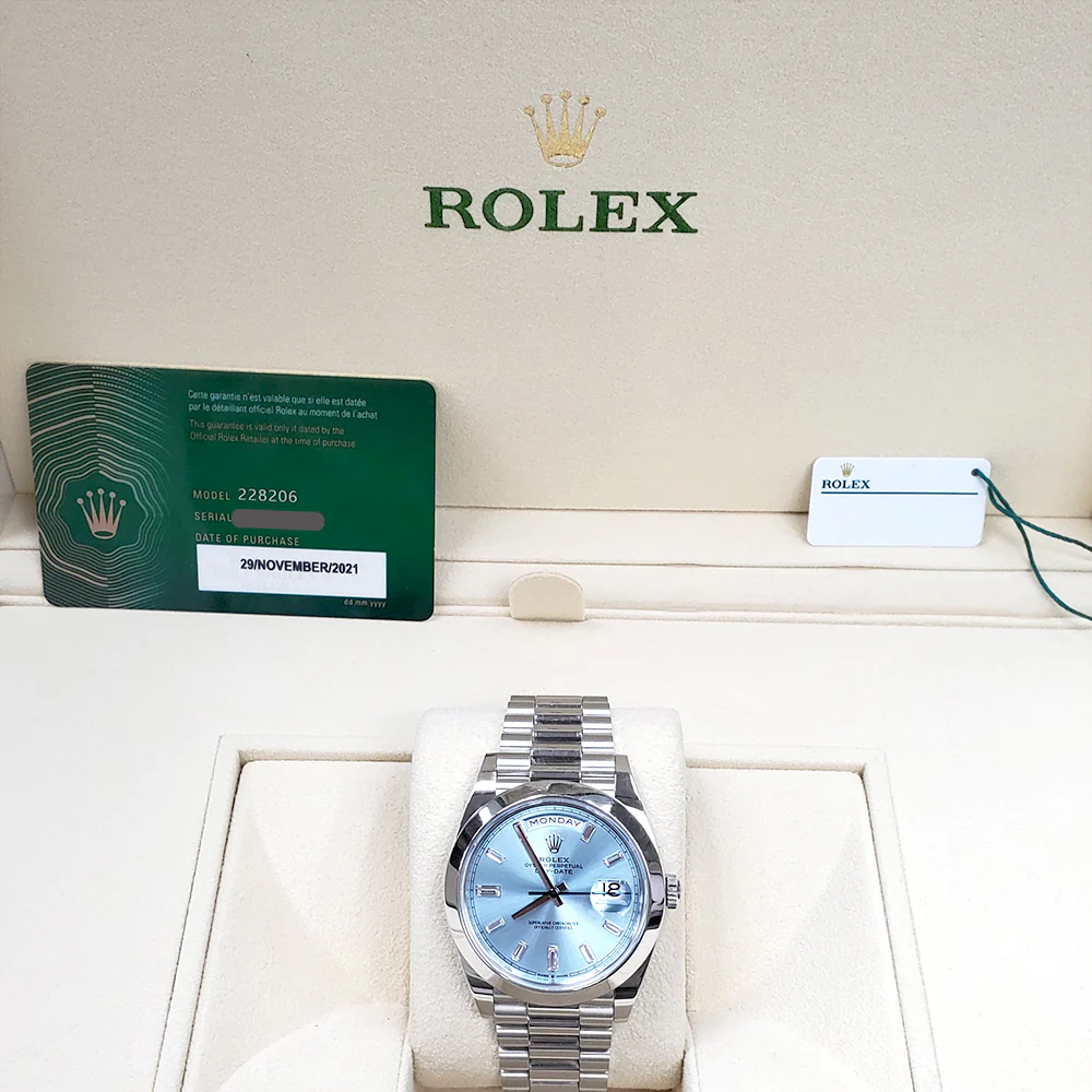 2021 Rolex President Platinum Day-Date 228206 40mm Ice Blue Baguette Diamond Dial Watch Box/Papers/Tag - Image 4