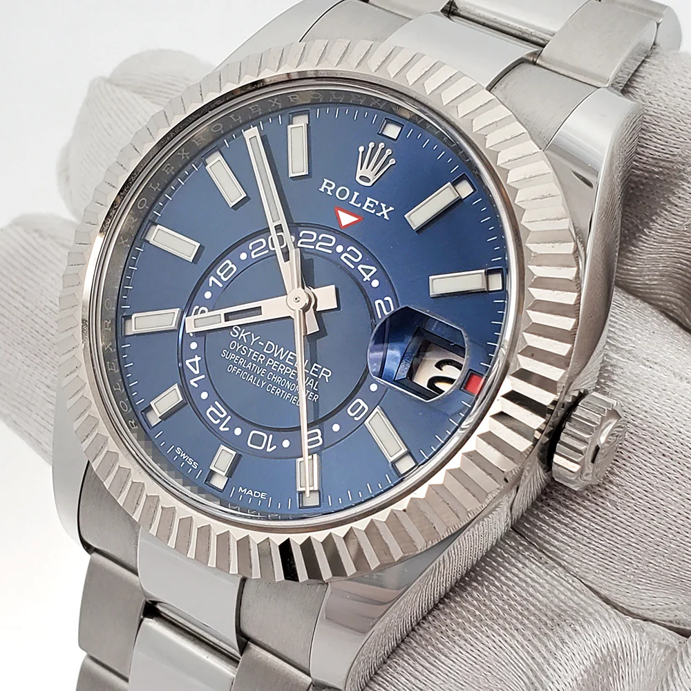 2021 Rolex Sky-Dweller 42mm 326934 Blue Index White Gold Fluted Bezel Steel Oyster Watch Box Papers - Image 2