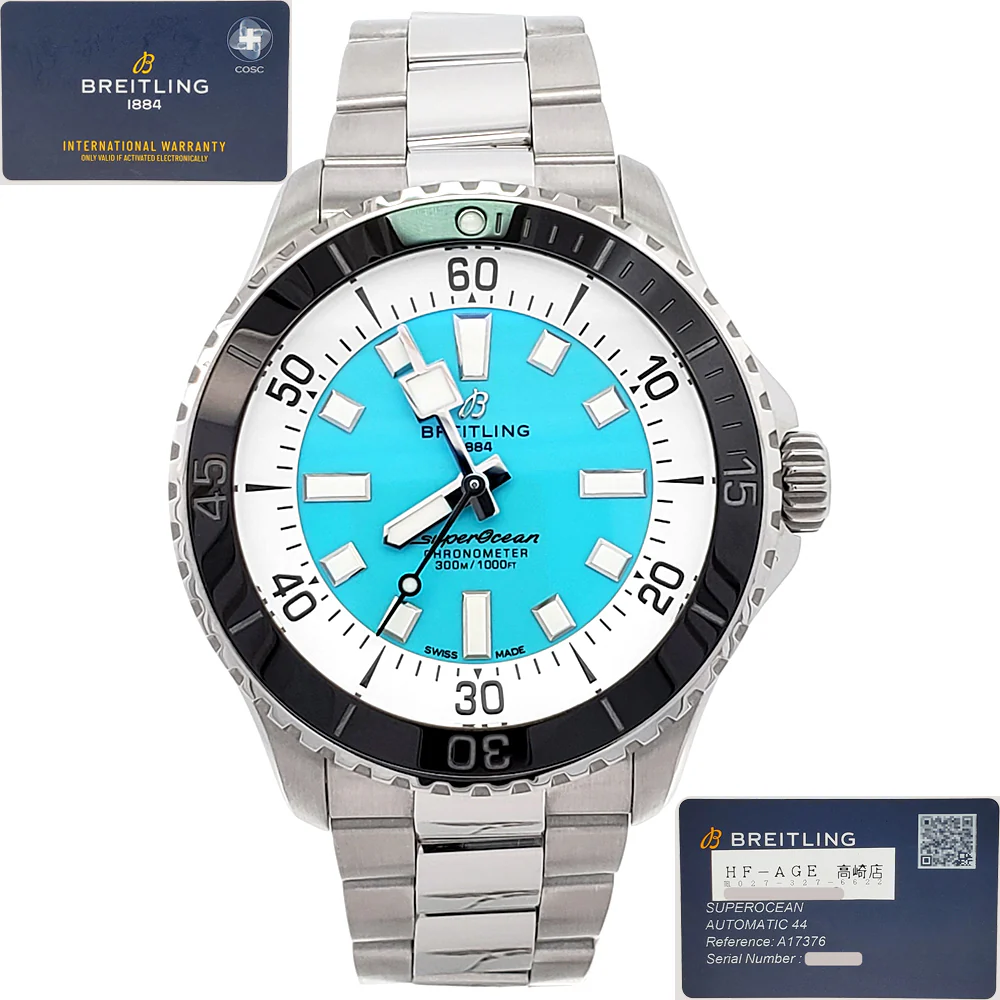 2022 Breitling Superocean 44mm Turquoise Dial Steel Mens Watch A17376 Papers - Image 4