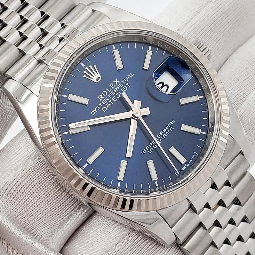 2022 Rolex Datejust 36 Blue Index White Gold Fluted Bezel Steel Jubilee Watch 126234 Box Papers - Image 3