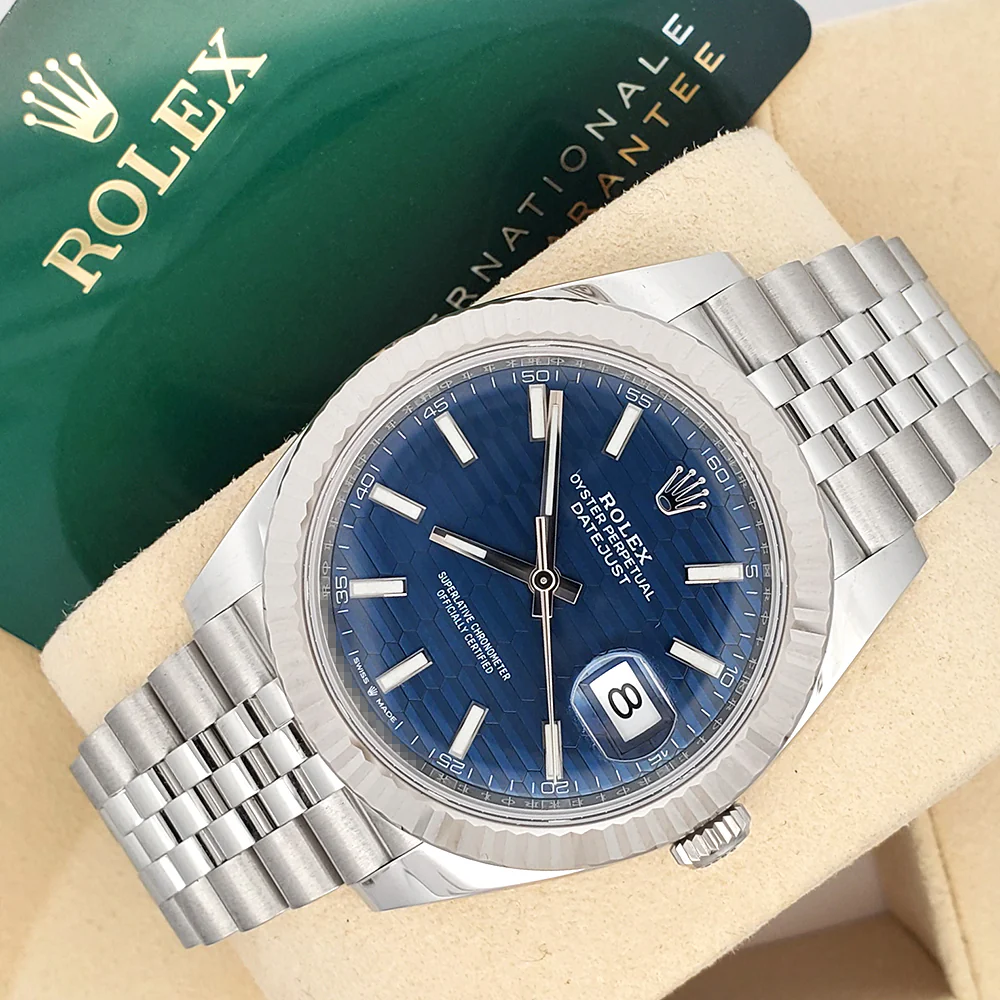 2022 Rolex Datejust 41 126334 Blue Motif Index Fluted White Gold Steel Jubilee Watch Box Papers
