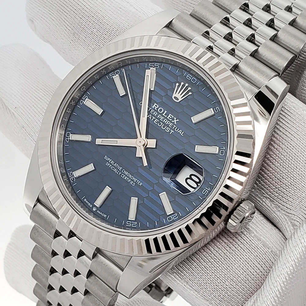 2022 Rolex Datejust 41 126334 Blue Motif Index Fluted White Gold Steel Jubilee Watch Box Papers - Image 2