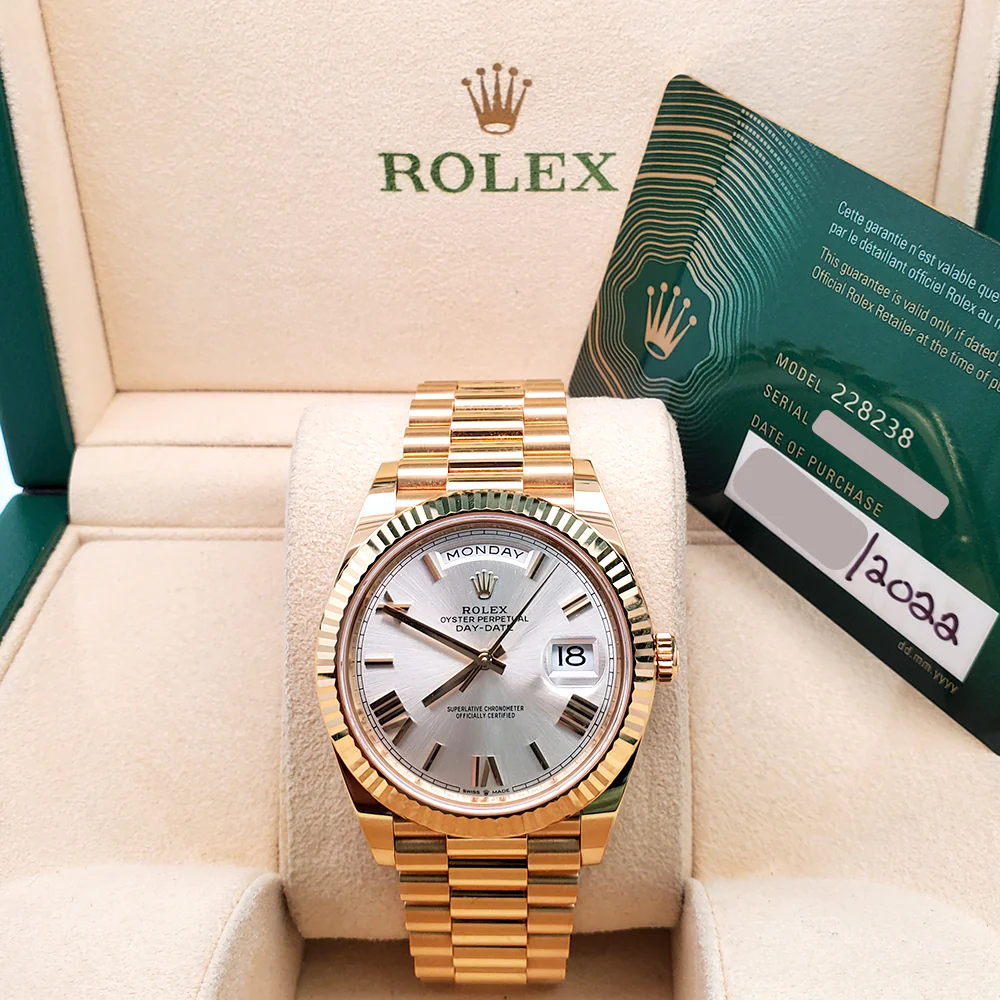 2022 Rolex President Day-Date 40 Yellow Gold Silver Roman Dial Watch 228238 Box Papers - Image 4