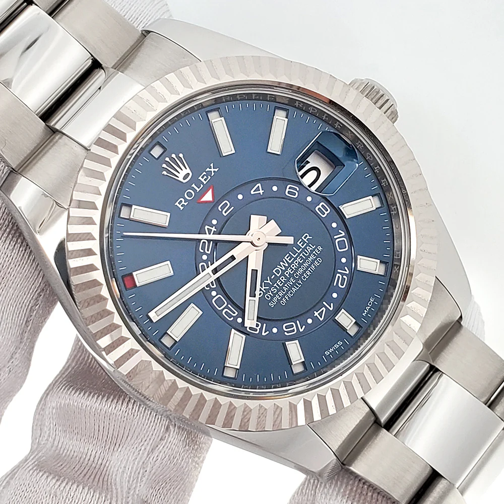 2022 Rolex Sky-Dweller White Gold Fluted Bezel Blue Index Dial Steel Oyster 42mm Watch 326934 Box Papers - Image 2