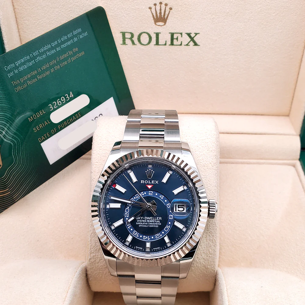 2022 Rolex Sky-Dweller White Gold Fluted Bezel Blue Index Dial Steel Oyster 42mm Watch 326934 Box Papers - Image 4
